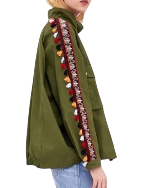 Zara Jackets & Blazers - ZARA Greenish Parka w/ High Collar Colorful Trim w/ Tassels Size S/M